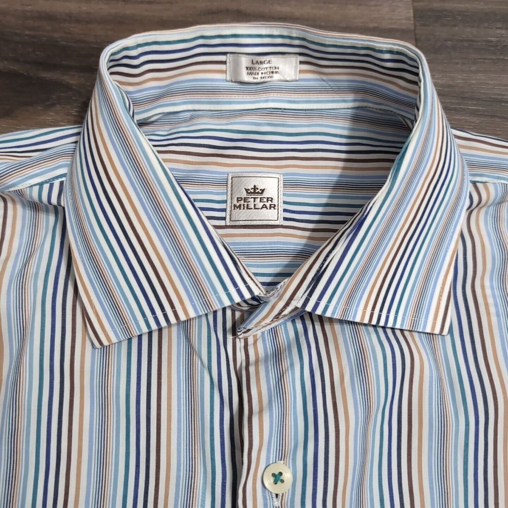 Peter Millar Shirt Men Size L Blue Striped Long Sleeve Button Up‎ Cotton M5